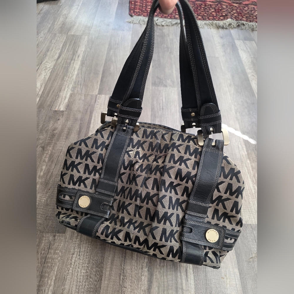 MK MICHAEL KORS SIGNATURE CANVAS MONOGRAM SATCHEL SHOULDER BAG Black  Y2k 2000s